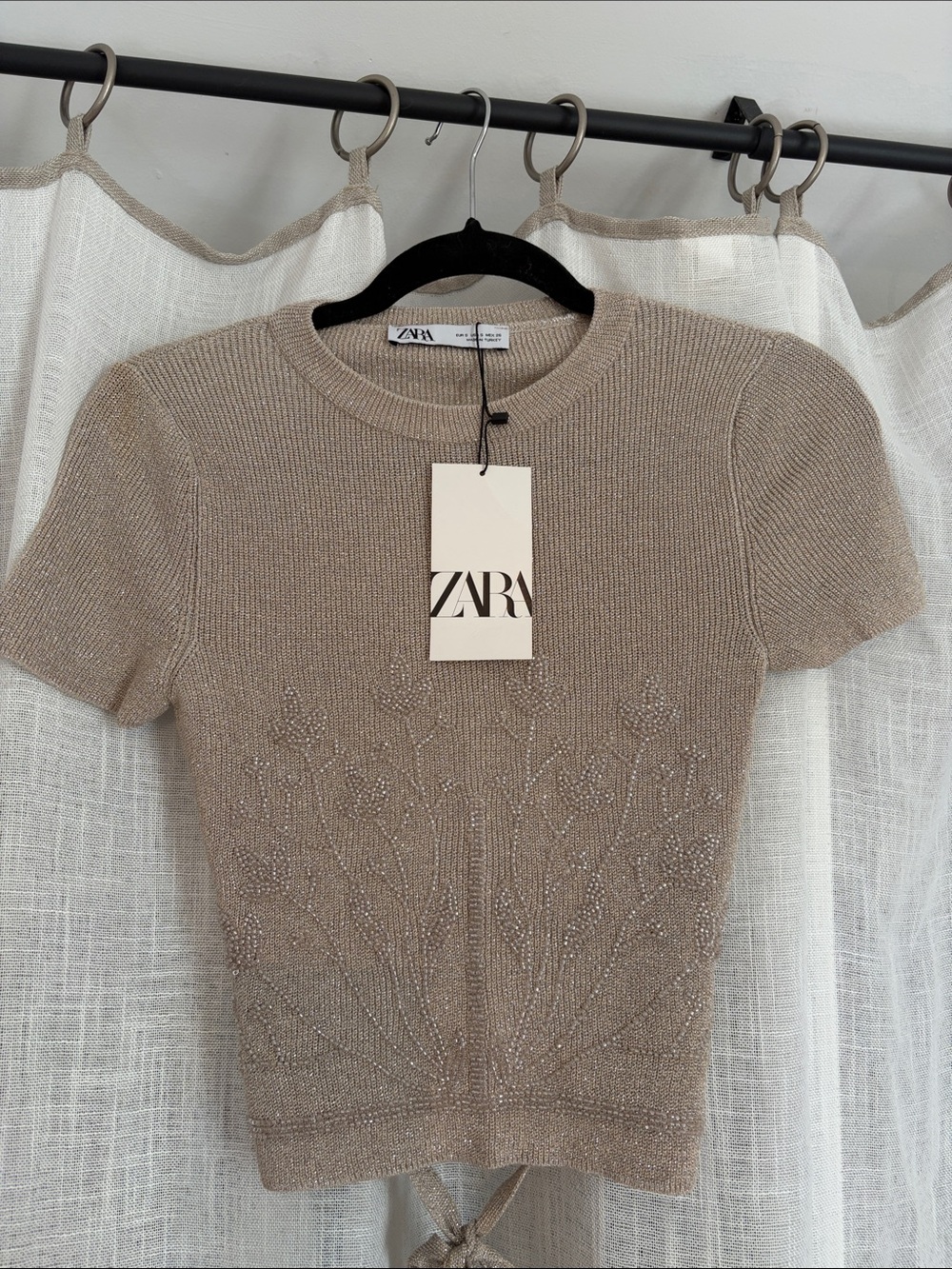 Zara Short-Sleeve Knit Top in Taupe with Beaded Floral Detail